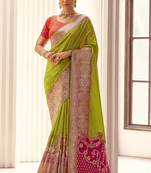 parrot green soft silk blend woven saree with unstitched blouse piece