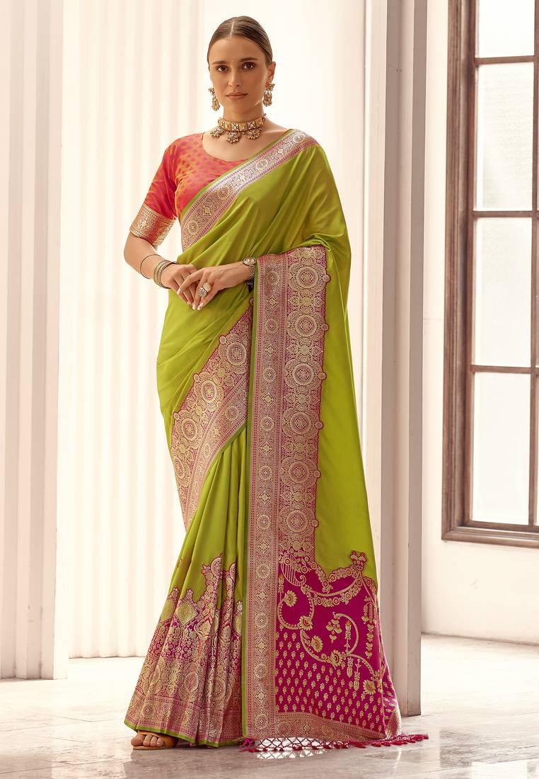 parrot green soft silk blend woven saree with unstitched blouse piece