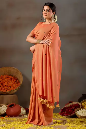 Raag varnam orange handloom gini cotton saree
