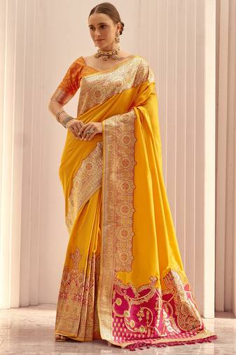 yellow soft silk blend woven saree with unstitched blouse piece