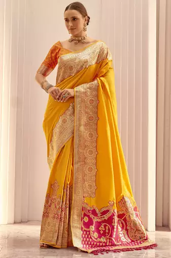 yellow soft silk blend woven saree with unstitched blouse piece