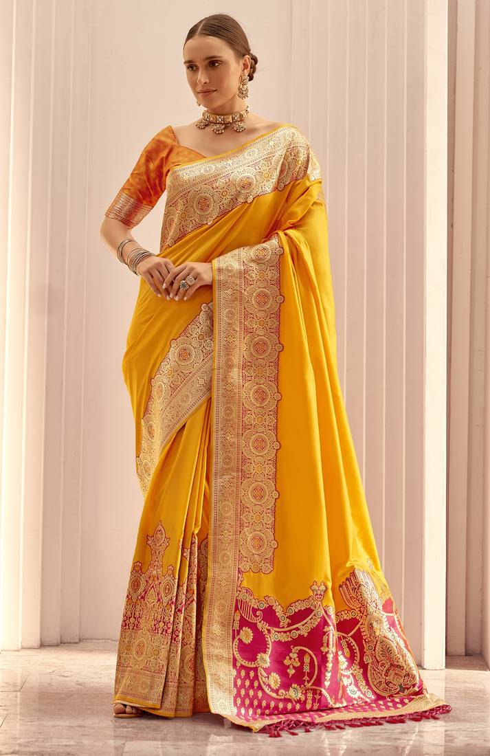 yellow soft silk blend woven saree with unstitched blouse piece