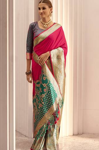 magenta soft silk blend woven saree with unstitched blouse piece