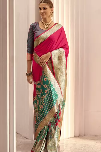 magenta soft silk blend woven saree with unstitched blouse piece