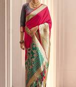 magenta soft silk blend woven saree with unstitched blouse piece