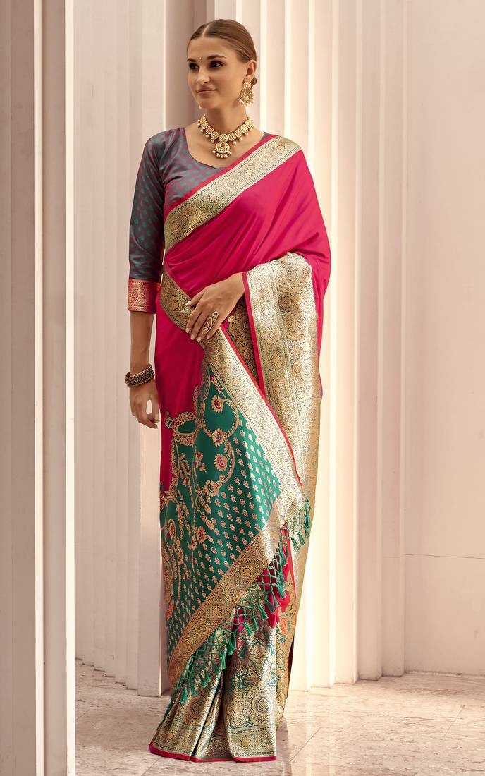 magenta soft silk blend woven saree with unstitched blouse piece