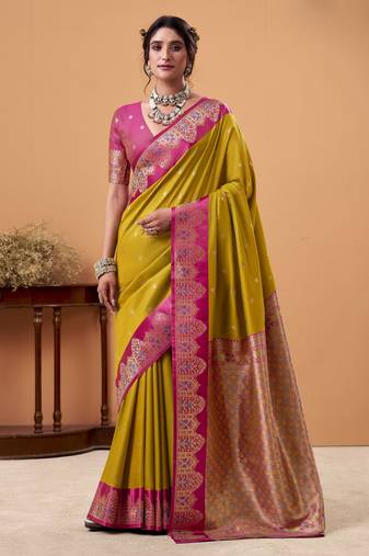 mehendi satin silk blend woven saree with unstitched blouse piece