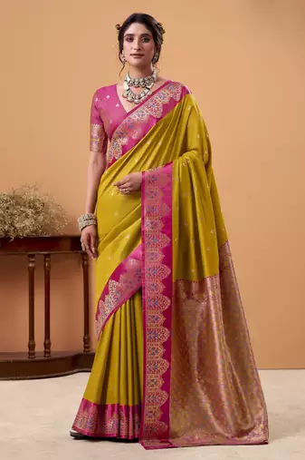 mehendi satin silk blend woven saree with unstitched blouse piece