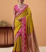 mehendi satin silk blend woven saree with unstitched blouse piece