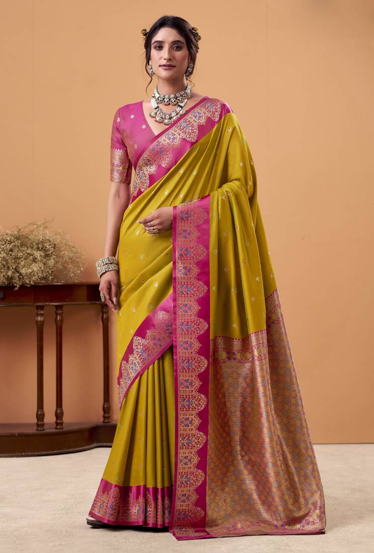 mehendi satin silk blend woven saree with unstitched blouse piece