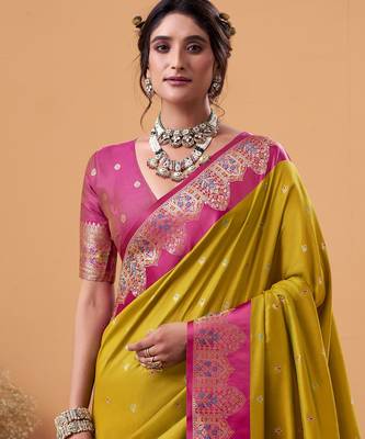 mehendi satin silk blend woven saree with unstitched blouse piece 2
