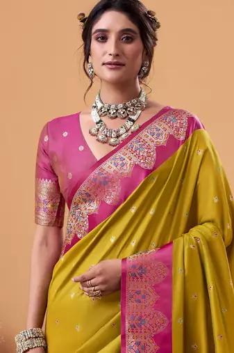 mehendi satin silk blend woven saree with unstitched blouse piece