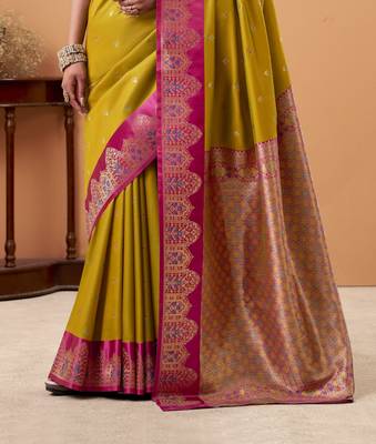mehendi satin silk blend woven saree with unstitched blouse piece 3