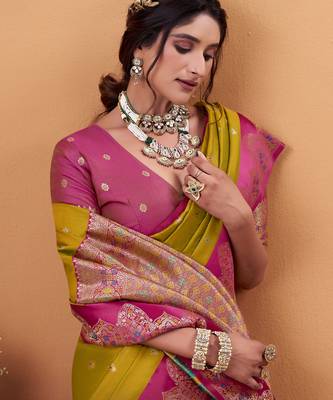 mehendi satin silk blend woven saree with unstitched blouse piece 4