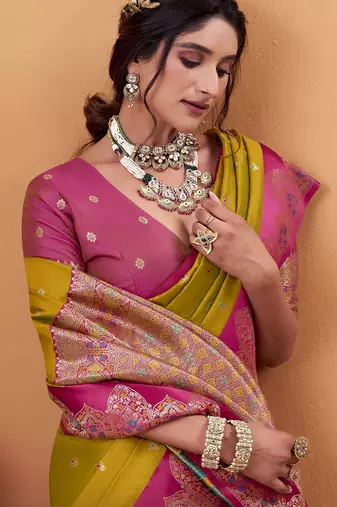 mehendi satin silk blend woven saree with unstitched blouse piece