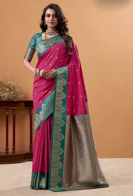 magenta satin silk blend woven saree with unstitched blouse piece 1
