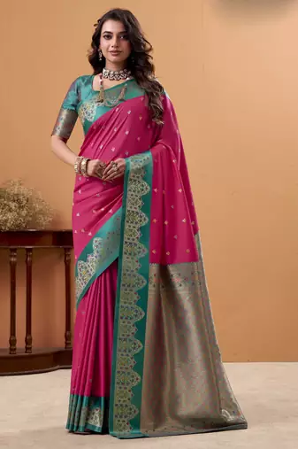 magenta satin silk blend woven saree with unstitched blouse piece