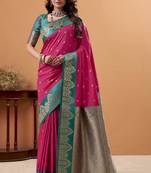 magenta satin silk blend woven saree with unstitched blouse piece