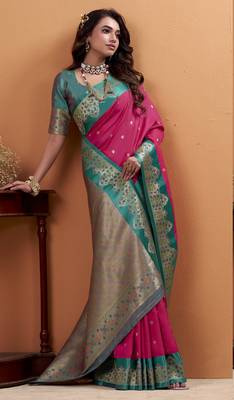 magenta satin silk blend woven saree with unstitched blouse piece 2