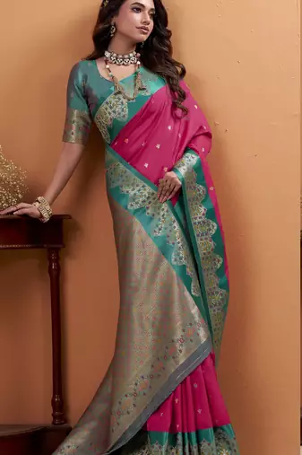 magenta satin silk blend woven saree with unstitched blouse piece