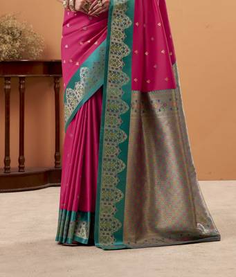 magenta satin silk blend woven saree with unstitched blouse piece 3