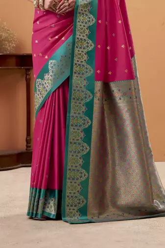 magenta satin silk blend woven saree with unstitched blouse piece