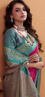 magenta satin silk blend woven saree with unstitched blouse piece 4