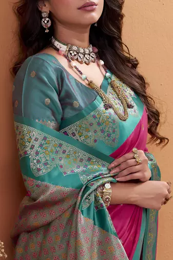 magenta satin silk blend woven saree with unstitched blouse piece