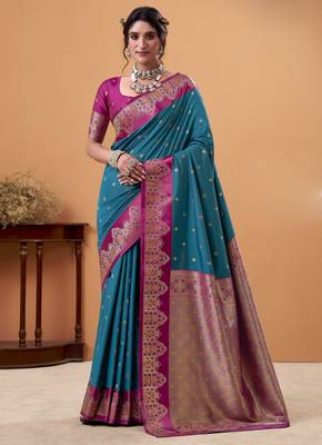 teal satin silk blend woven saree with unstitched blouse piece 1