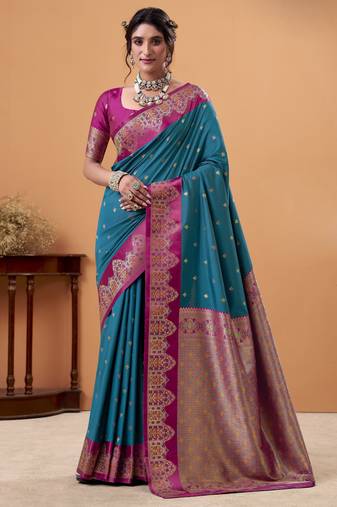 teal satin silk blend woven saree with unstitched blouse piece