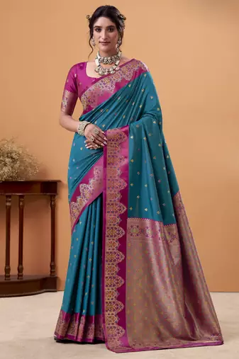 teal satin silk blend woven saree with unstitched blouse piece