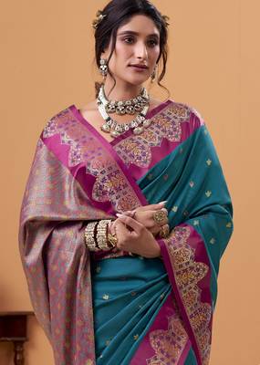 teal satin silk blend woven saree with unstitched blouse piece 2