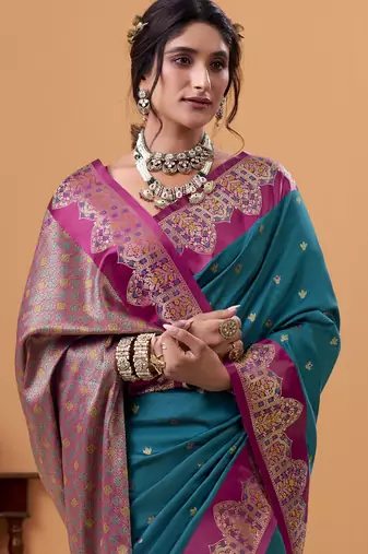 teal satin silk blend woven saree with unstitched blouse piece