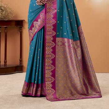 teal satin silk blend woven saree with unstitched blouse piece 3