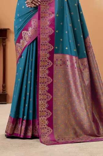 teal satin silk blend woven saree with unstitched blouse piece