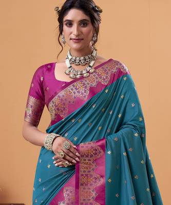 teal satin silk blend woven saree with unstitched blouse piece 4