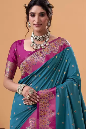 teal satin silk blend woven saree with unstitched blouse piece