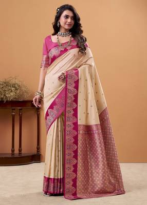 beige satin silk blend woven saree with unstitched blouse piece 1