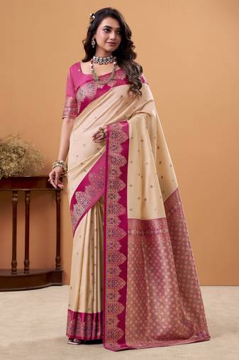 beige satin silk blend woven saree with unstitched blouse piece