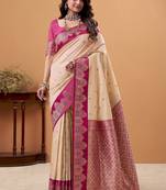 beige satin silk blend woven saree with unstitched blouse piece