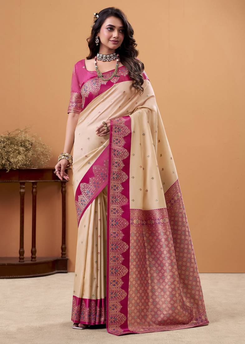 beige satin silk blend woven saree with unstitched blouse piece
