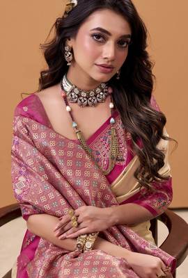 beige satin silk blend woven saree with unstitched blouse piece 2