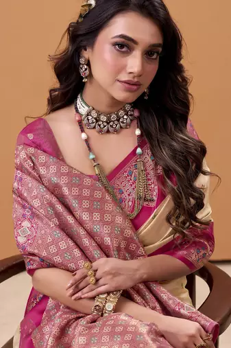 beige satin silk blend woven saree with unstitched blouse piece