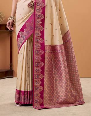 beige satin silk blend woven saree with unstitched blouse piece 3