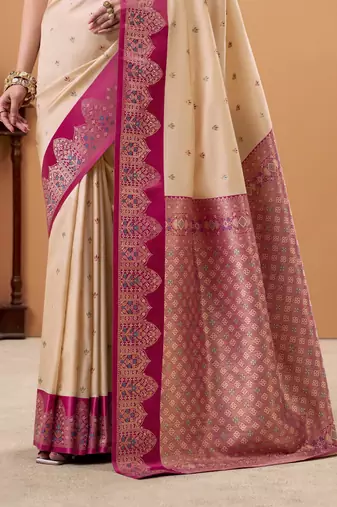 beige satin silk blend woven saree with unstitched blouse piece