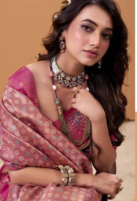 beige satin silk blend woven saree with unstitched blouse piece 4