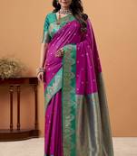 purple satin silk blend woven saree with unstitched blouse piece