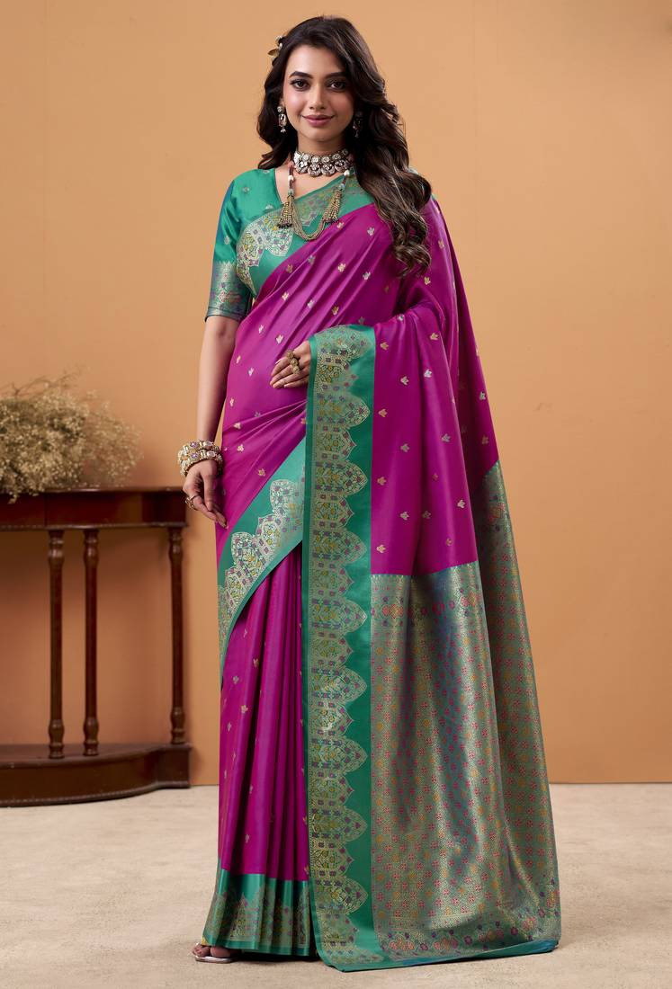 purple satin silk blend woven saree with unstitched blouse piece