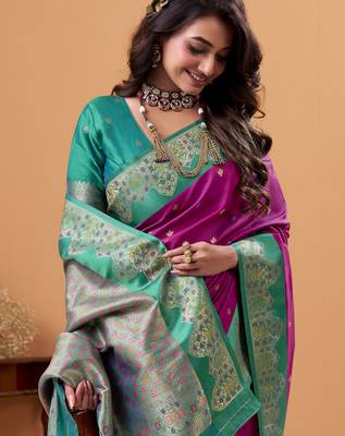 purple satin silk blend woven saree with unstitched blouse piece 2