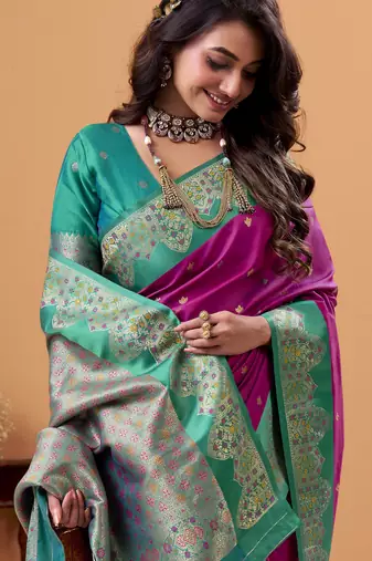 purple satin silk blend woven saree with unstitched blouse piece